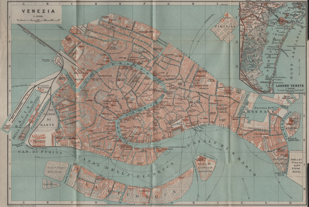 VENEZIA VENICE town city plan. Inset Lagune Venete. Lagoon mappa 1909 old