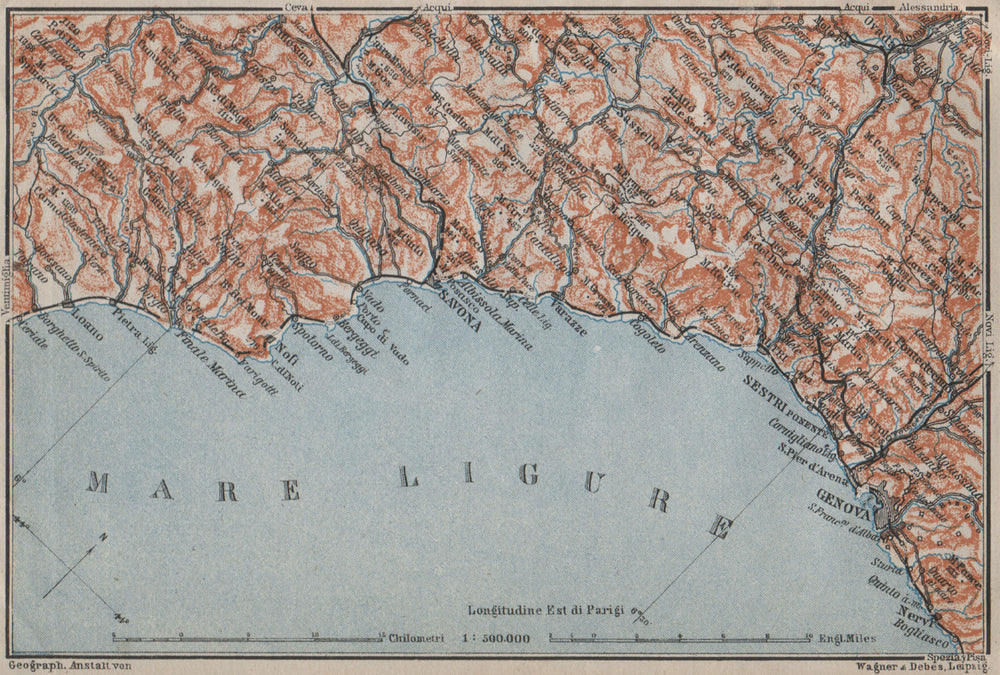 RIVIERA DI PONENTE. Genoa Genova-Arenzano-Varazze-Savona-Loana. Italy 1909 map