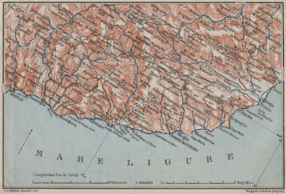 RIVIERA DI PONENTE. Menton-Ventimiglia-Sanremo-Imperia-Albenga. Italy 1909 map