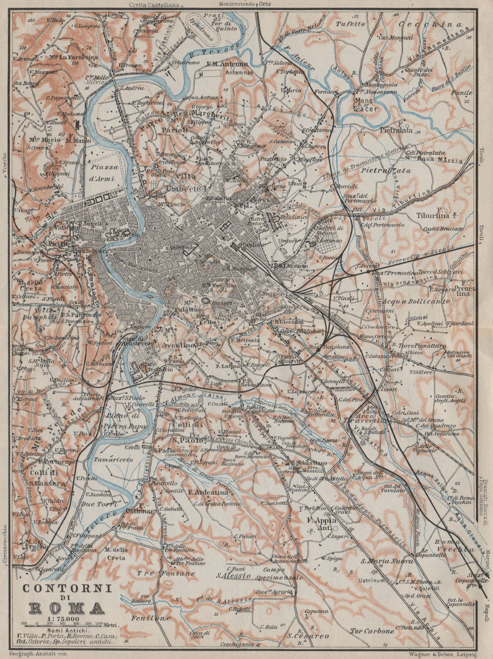 ROME & ENVIRONS. CONTORNI DI ROMA mappa. BAEDEKER 1909 old antique chart