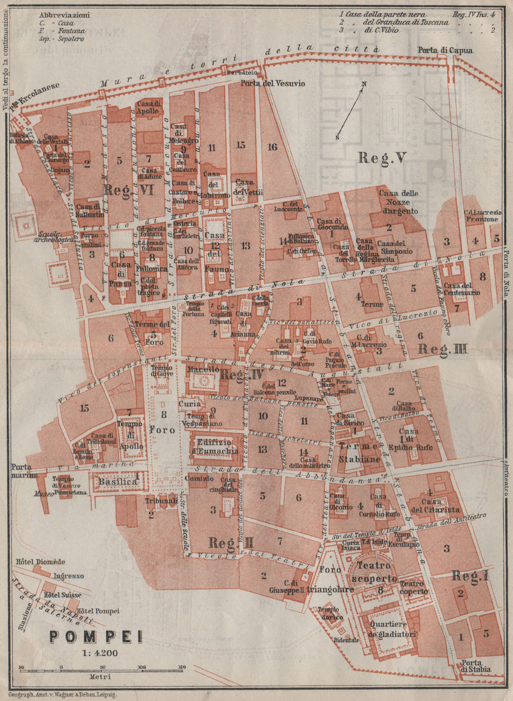 POMPEII antique town city plan piano urbanistico (1). Italy mappa 1909 old