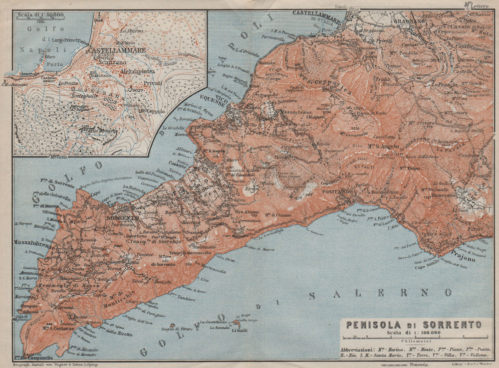 Penisola SORRENTO Peninsula. Castellammare di Stabia Positano Praiano 1909 map