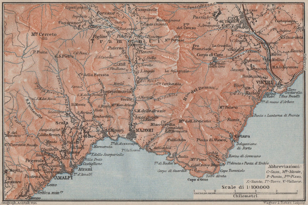AMALFI COAST Maiori Minori Vietri Cava de'Tirreni Costiera Amalfitana 1909 map
