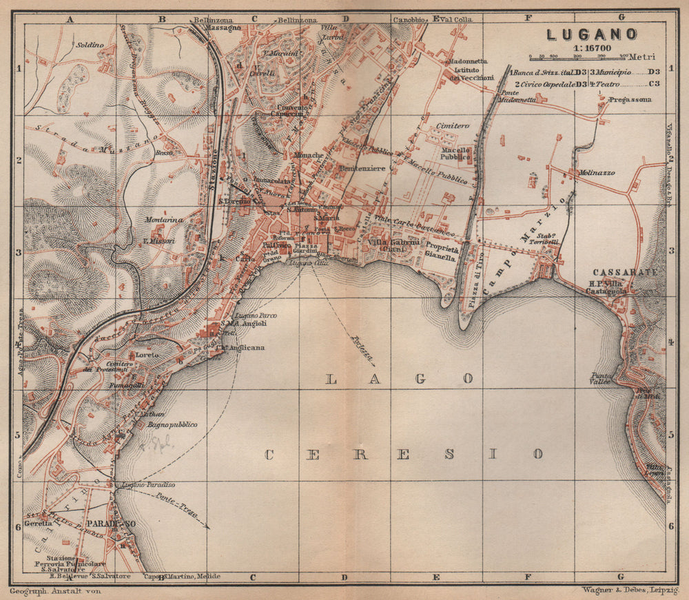 LUGANO antique town city stadtplan. Switzerland carte karte. BAEDEKER 1895 map