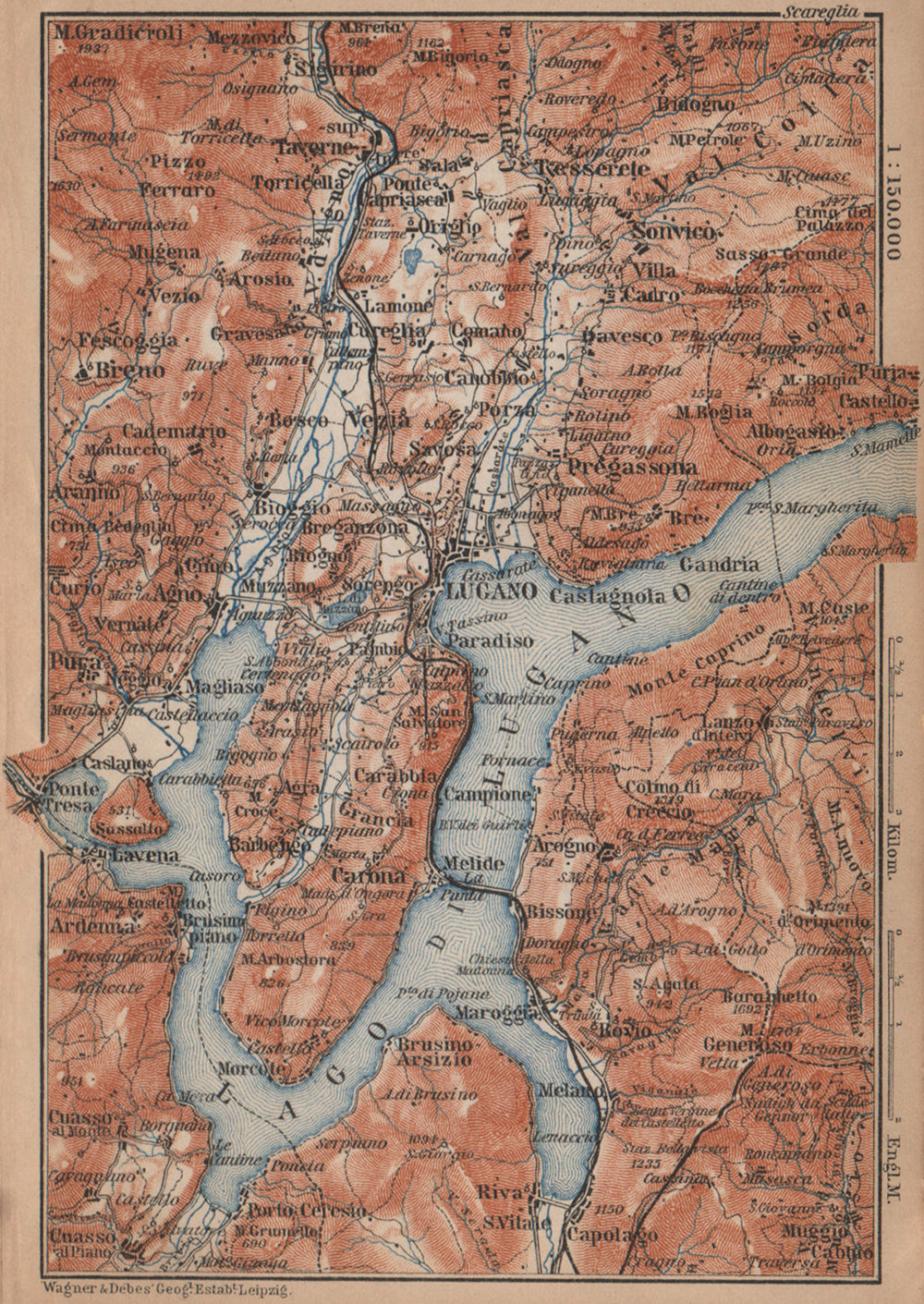 LAKE/Lago di LUGANO topo-map. Switzerland Italy Italia carte karte 1895