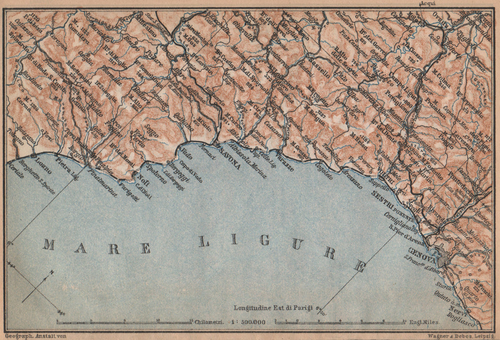 RIVIERA DI PONENTE. Genoa Genova-Arenzano-Varazze-Savona-Loana. Italy 1895 map
