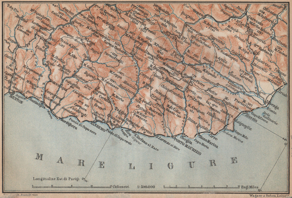 RIVIERA DI PONENTE. Menton-Ventimiglia-Sanremo-Imperia-Albenga. Italy 1895 map