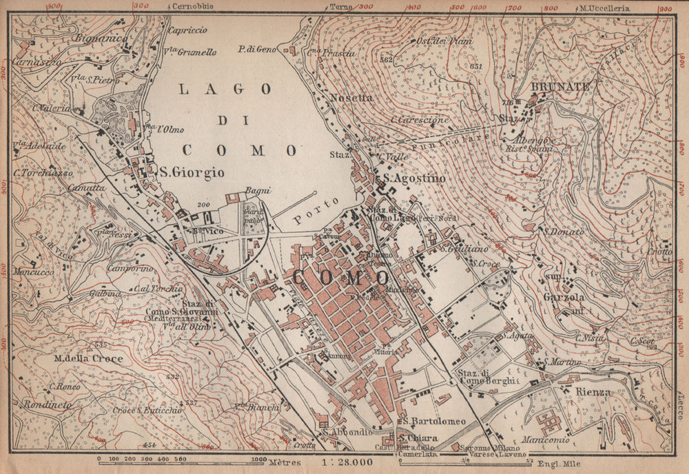 COMO town city plan and environs. San Giorgio Brunate. Italy mappa 1895