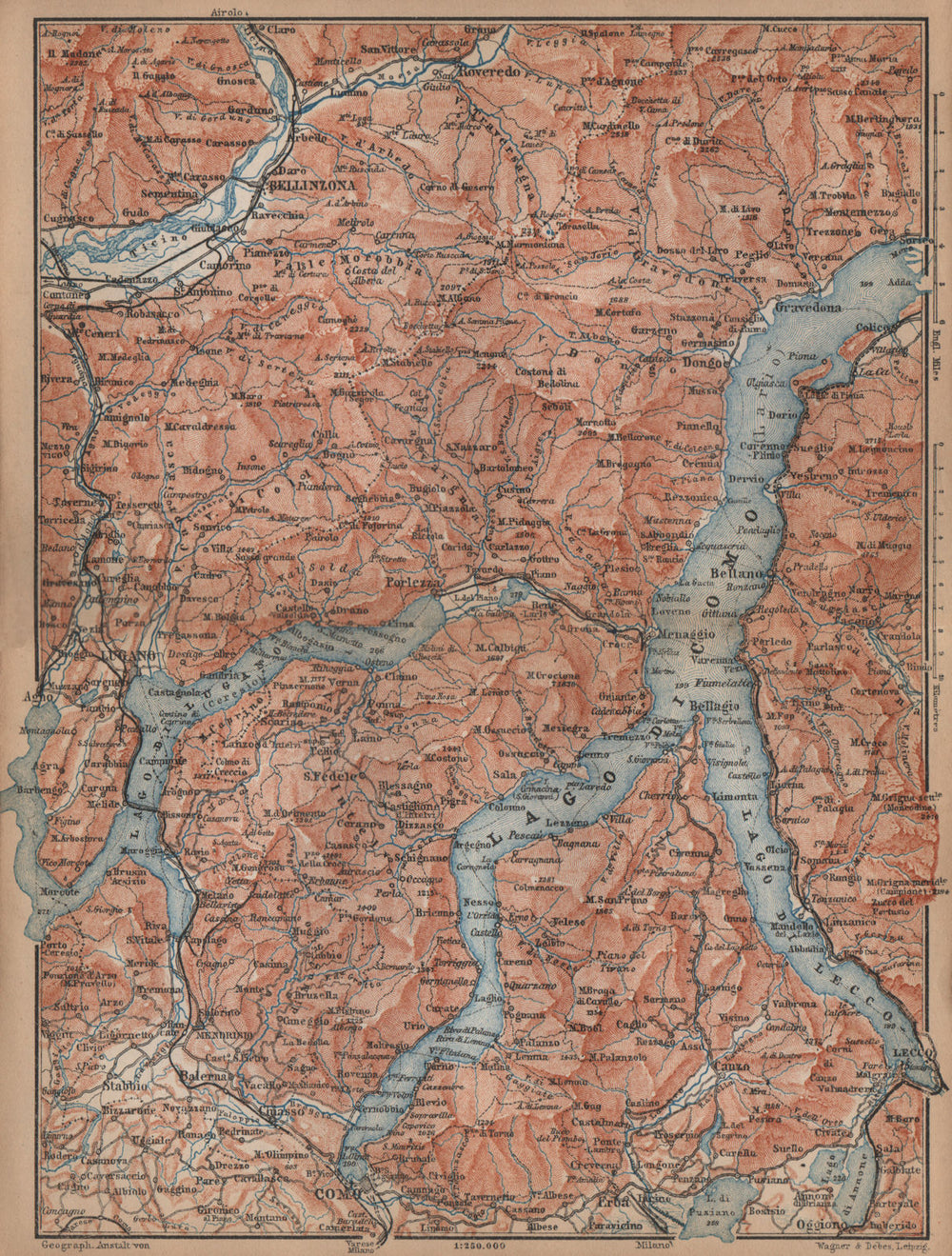 LAKES OF/Lago di COMO, LUGANO & LECCO. Bellinzona mappa. BAEDEKER 1895 old