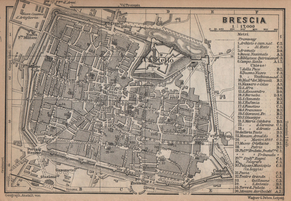 BRESCIA antique town city plan piano urbanistico. Italy mappa 1895 old