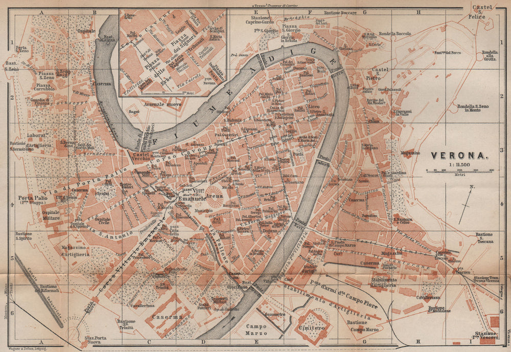 VERONA antique town city plan piano urbanistico. Italy mappa. BAEDEKER 1895