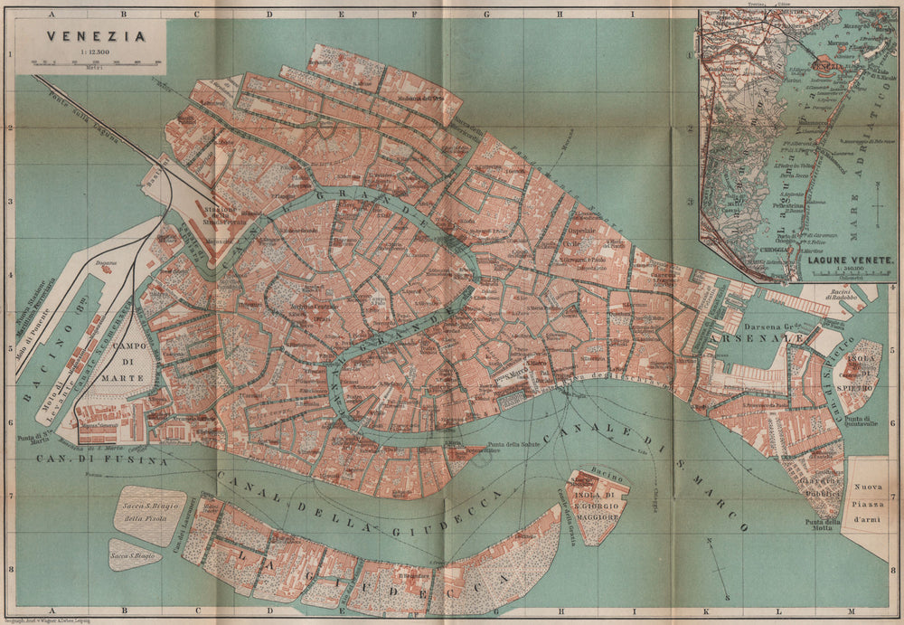 VENEZIA VENICE town city plan. Inset Lagune Venete. Lagoon mappa 1895 old