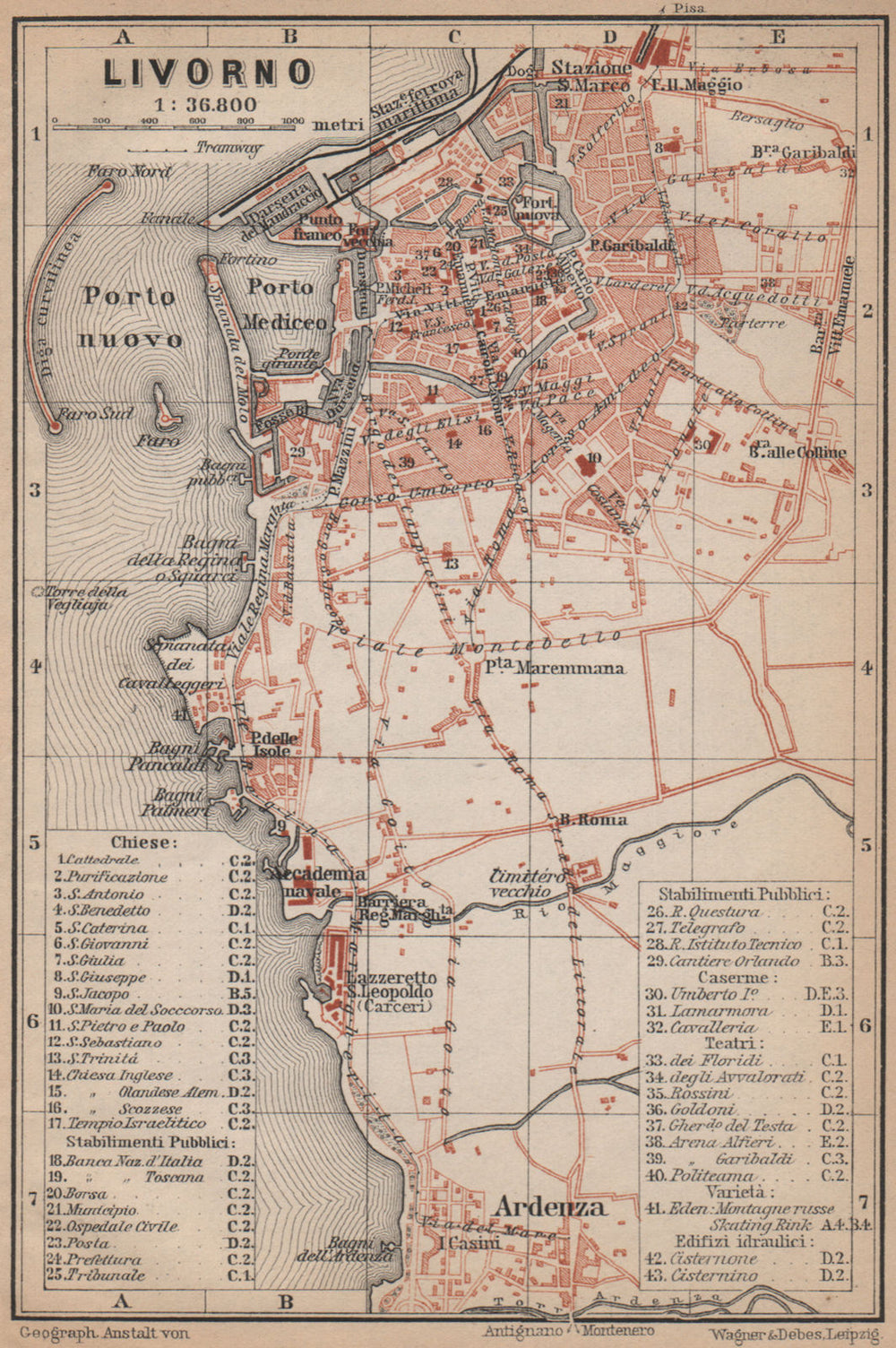 LIVORNO antique town city plan piano urbanistico. Italy mappa 1895 old