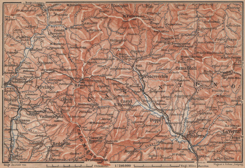 VALLOMBROSA & CAMALDOLI environs. Reggello Casentino. Topo-map. Italy 1895