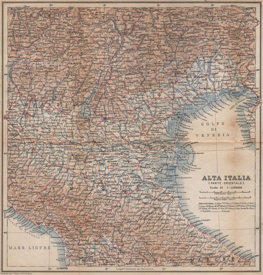 ALTA ITALIA (PARTE ORIENTALE). North East Italy mappa. BAEDEKER 1895 old
