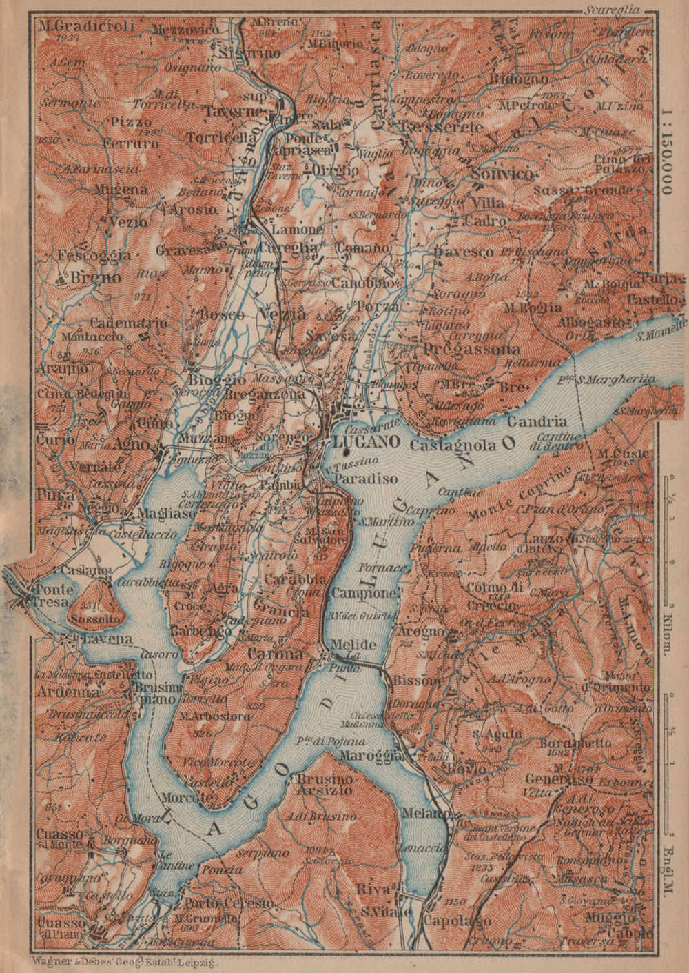 LAKE/Lago di LUGANO topo-map. Switzerland Italy Italia carte karte 1899