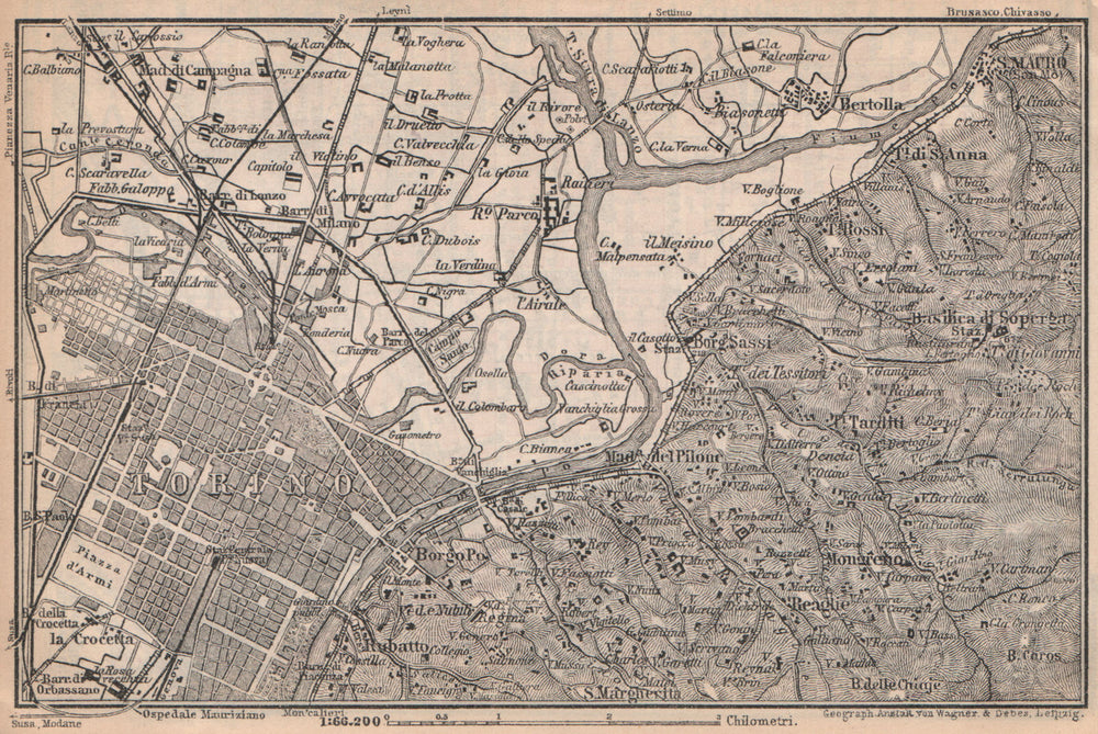 TURIN TORINO eastern environs. Italy mappa. BAEDEKER 1899 old antique