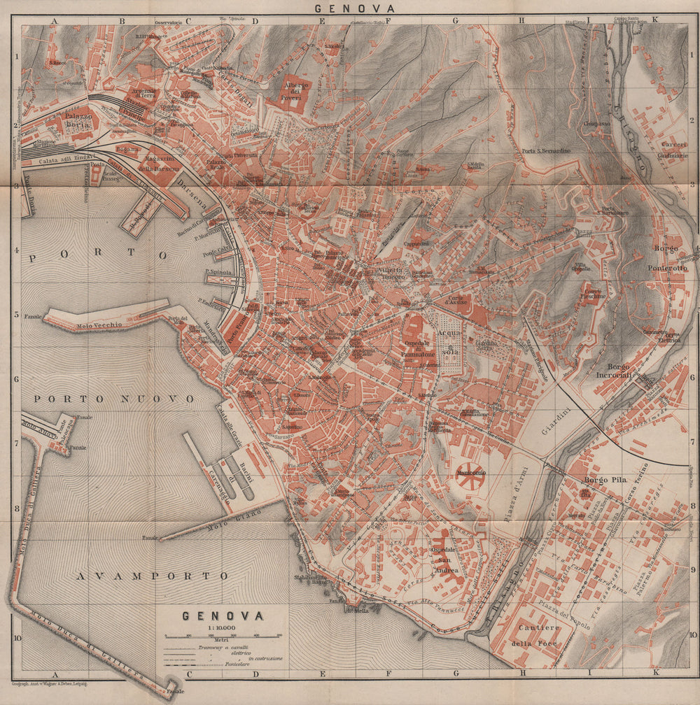 GENOVA GENOA town city plan piano urbanistico. Gênes. Italy mappa 1899 old