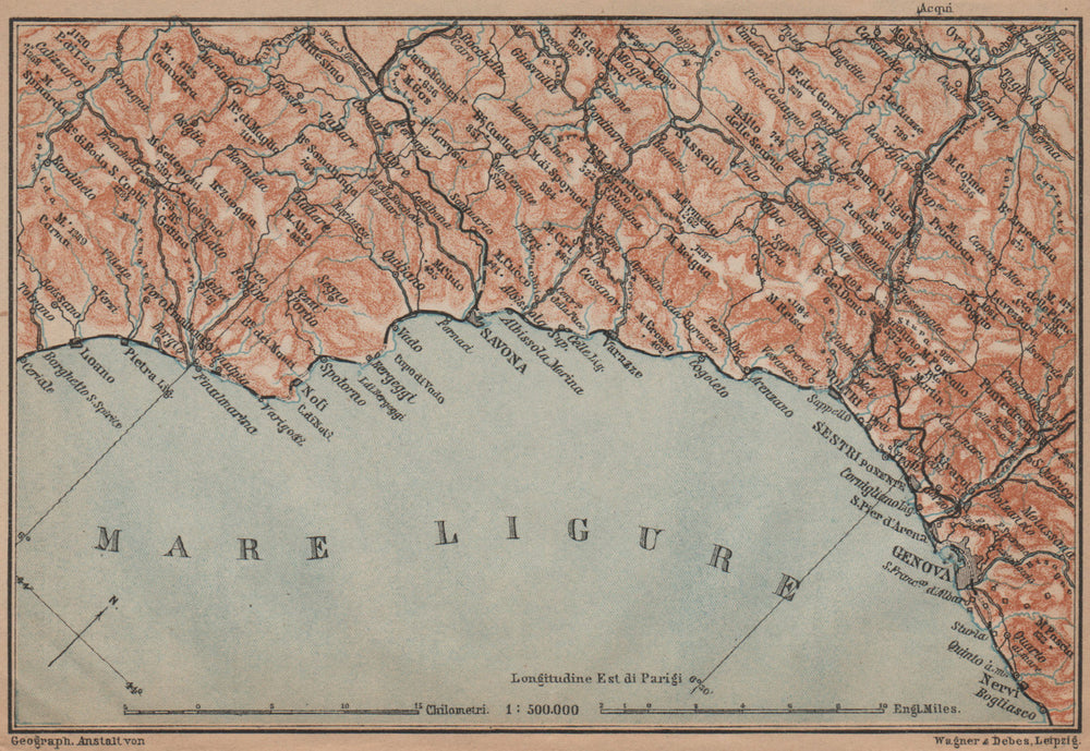 RIVIERA DI PONENTE. Genoa Genova-Arenzano-Varazze-Savona-Loana. Italy 1899 map