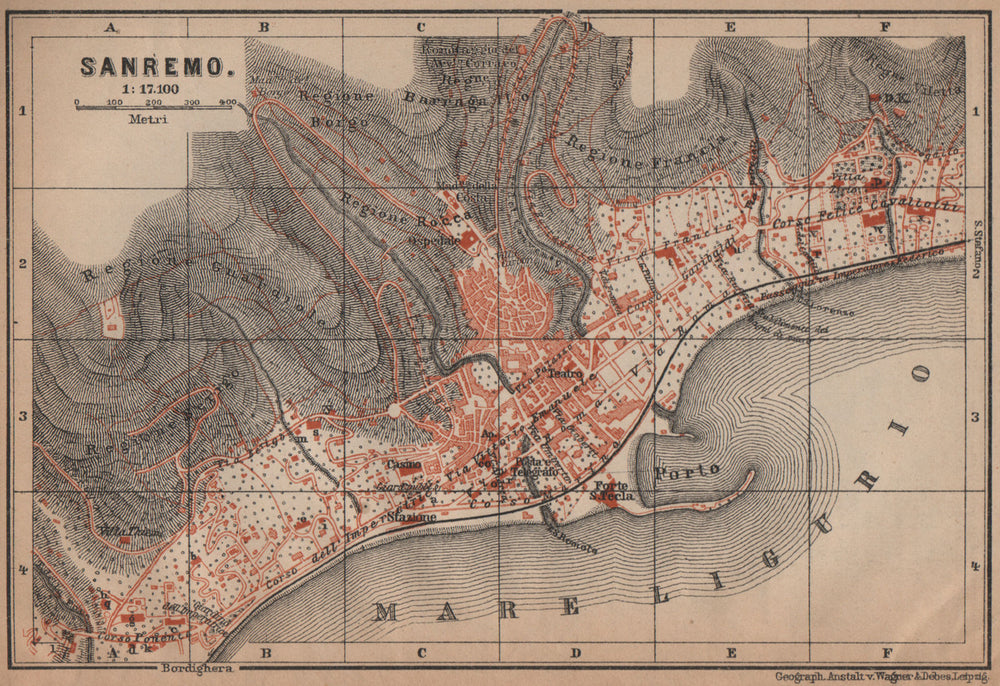 SANREMO town city plan piano urbanistico. San Remo. Italy mappa 1899 old