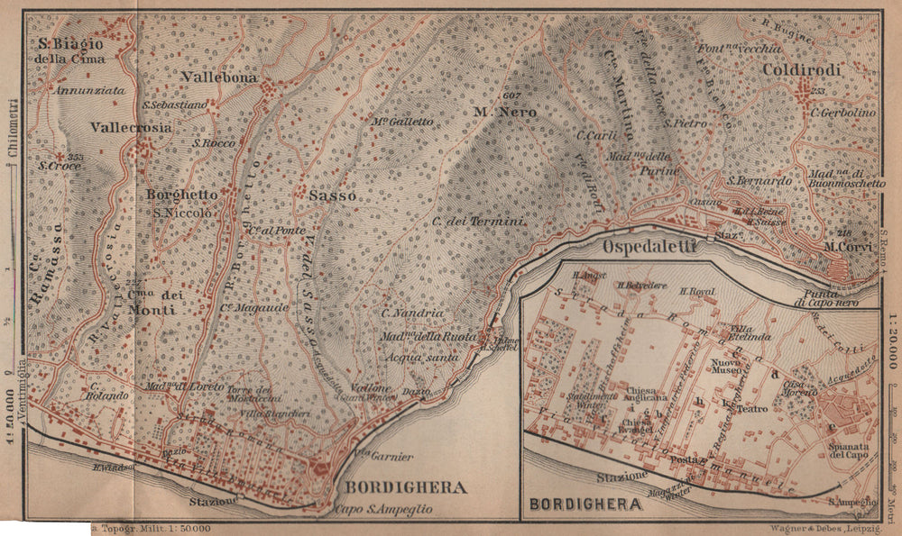BORDIGHERA antique town city plan & environs. Ospedaletti. Italy mappa 1899
