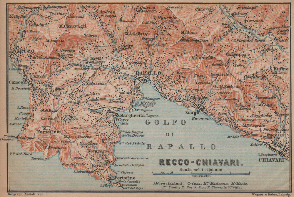 GOLFO DI RAPALLO Portofino Camogli Chiavari S. Margherita Ligure Italy 1899 map