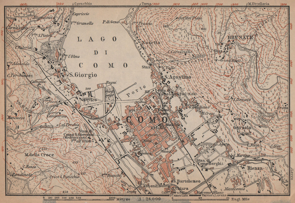 COMO town city plan and environs. San Giorgio Brunate. Italy mappa 1899