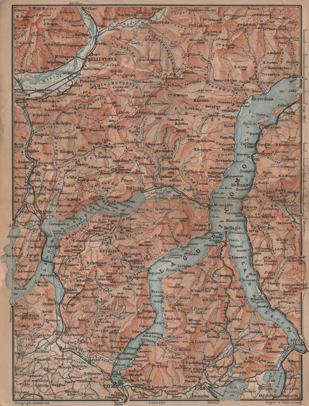 LAKES OF/Lago di COMO, LUGANO & LECCO. Bellinzona mappa. BAEDEKER 1899 old