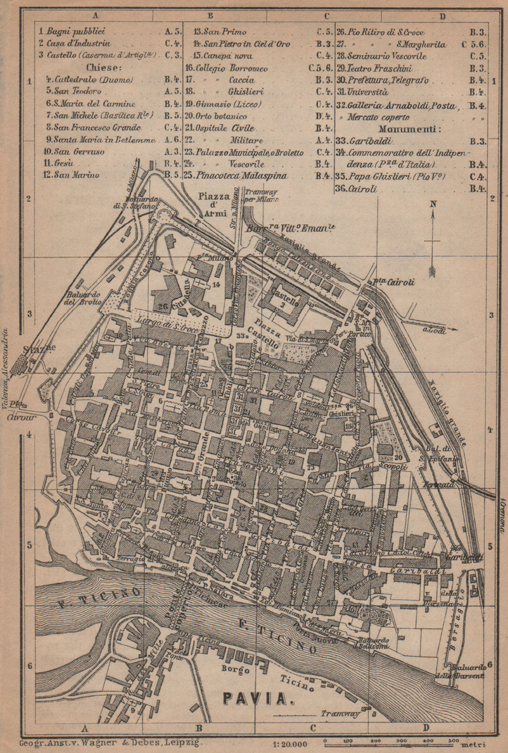 PAVIA antique town city plan piano urbanistico. Italy mappa. BAEDEKER 1899