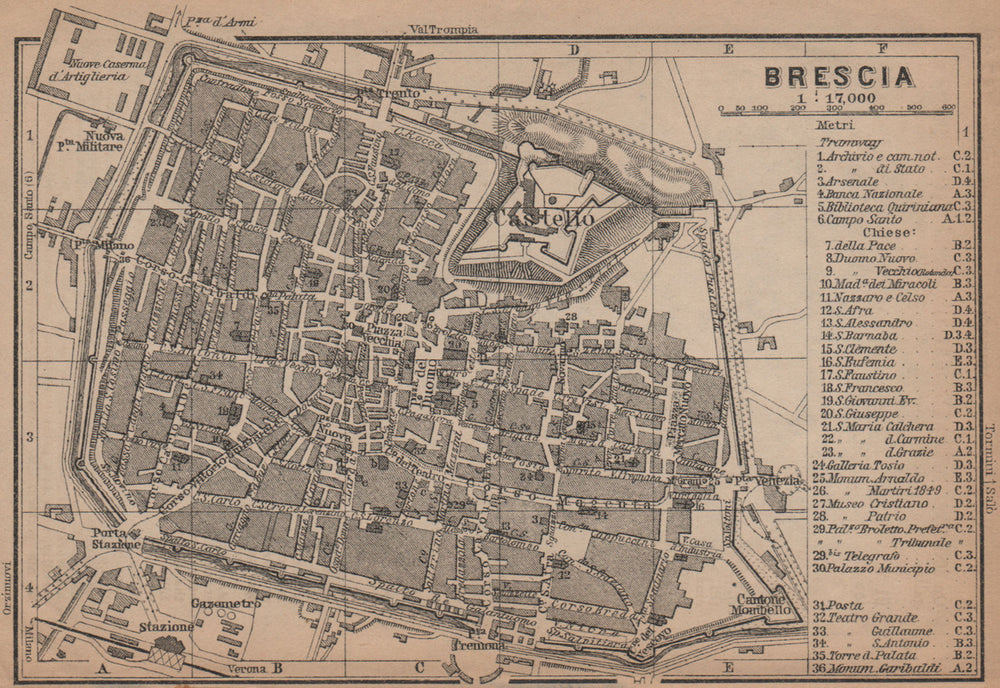BRESCIA antique town city plan piano urbanistico. Italy mappa 1899 old