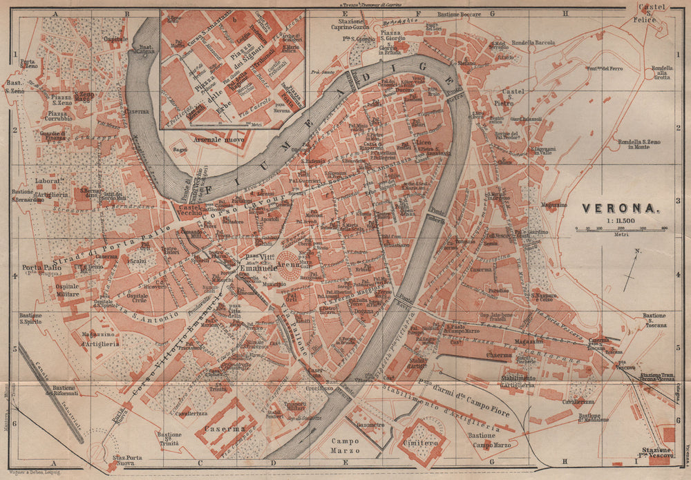 VERONA antique town city plan piano urbanistico. Italy mappa. BAEDEKER 1899