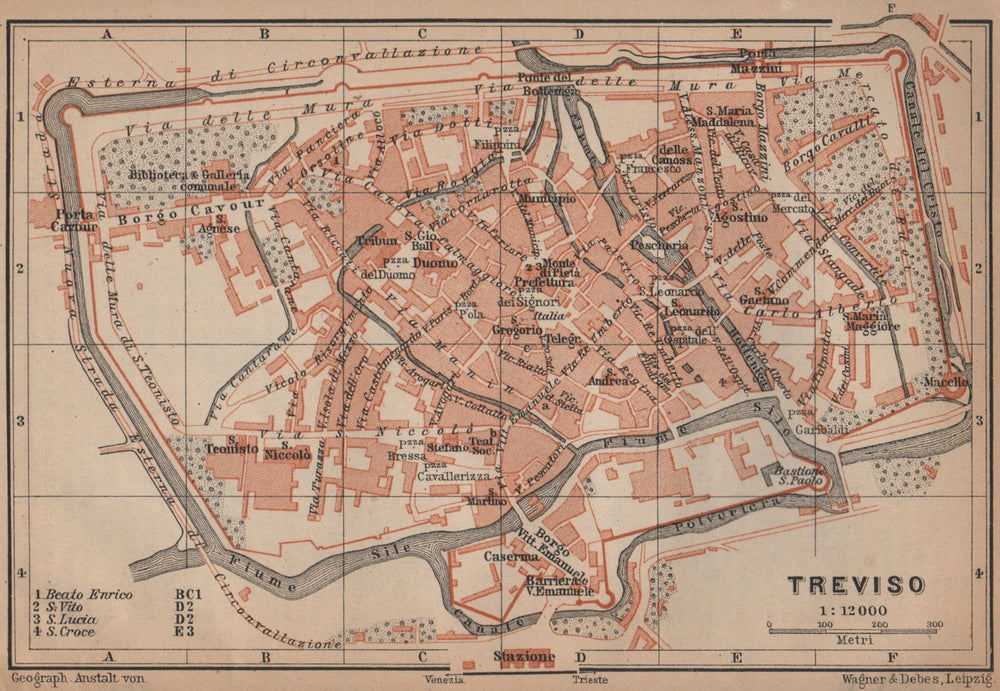 TREVISO antique town city plan piano urbanistico. Italy mappa 1899 old