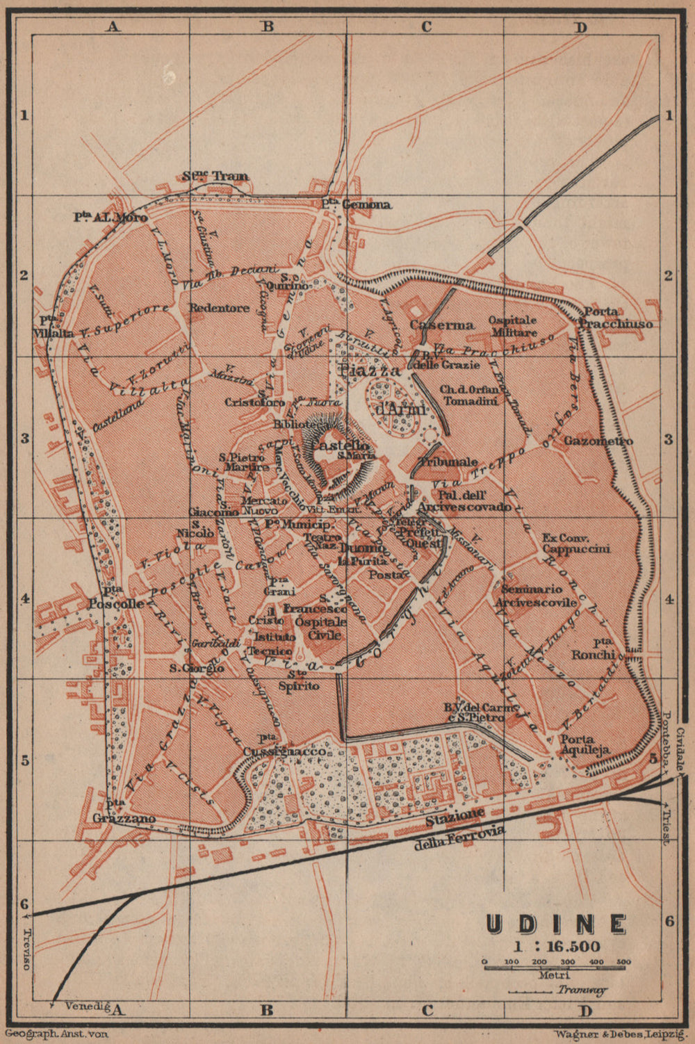 UDINE antique town city plan piano urbanistico. Italy mappa. BAEDEKER 1899