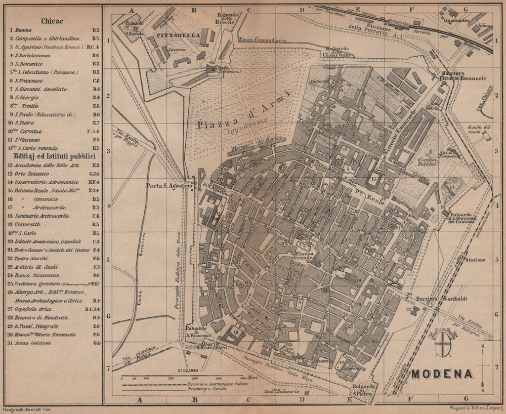 MODENA antique town city plan piano urbanistico. Italy mappa. BAEDEKER 1899