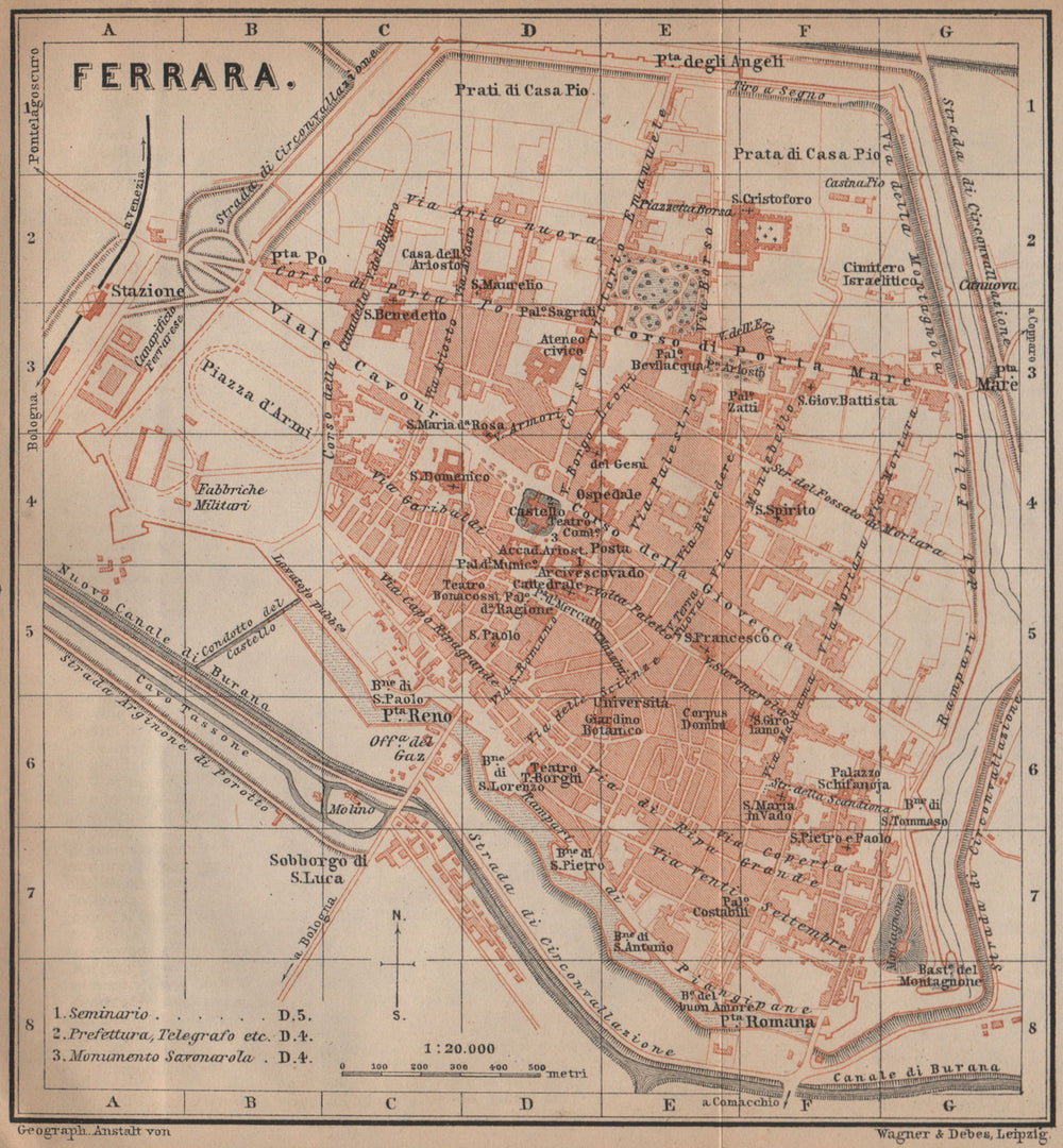 FERRARA antique town city plan piano urbanistico. Italy mappa 1899 old