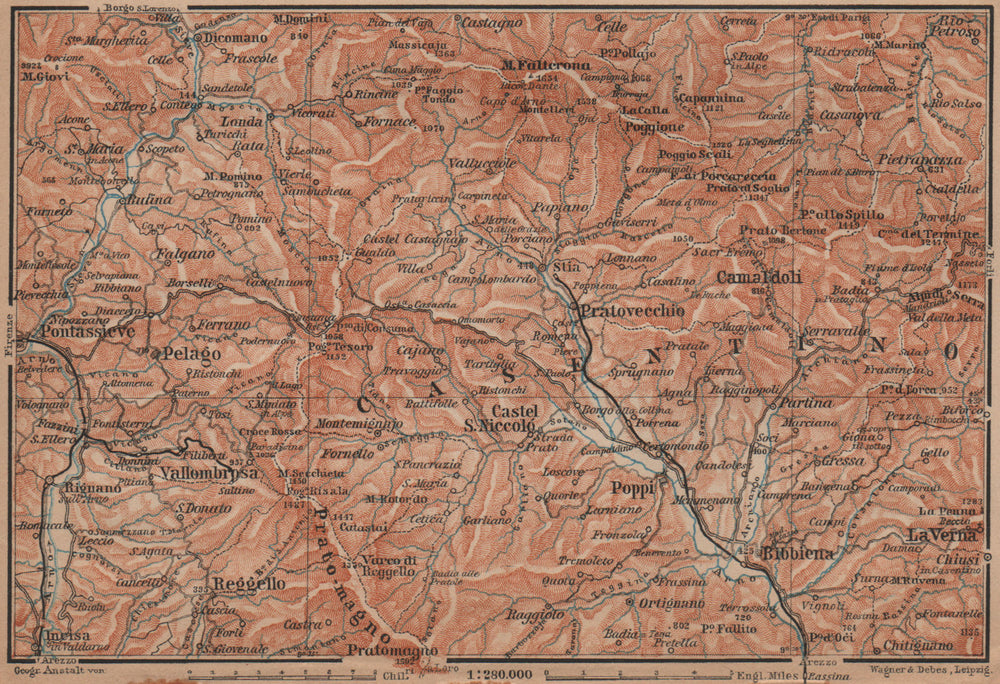 VALLOMBROSA & CAMALDOLI environs. Reggello Casentino. Topo-map. Italy 1899