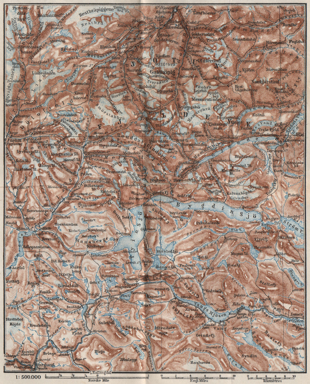 JOTUNHEIMEN Nasjonalpark topo-map. Norway kart. BAEDEKER 1885 old antique