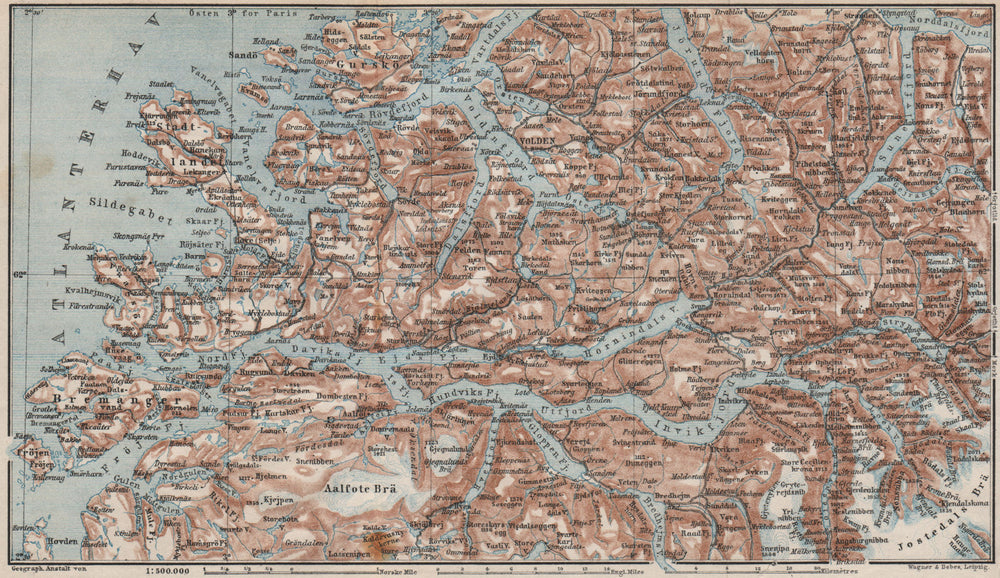 NORDFJORD & SOUTHERN SONDMERE/Sunnmøre topo-map. Gloppen Volda. Norway 1885