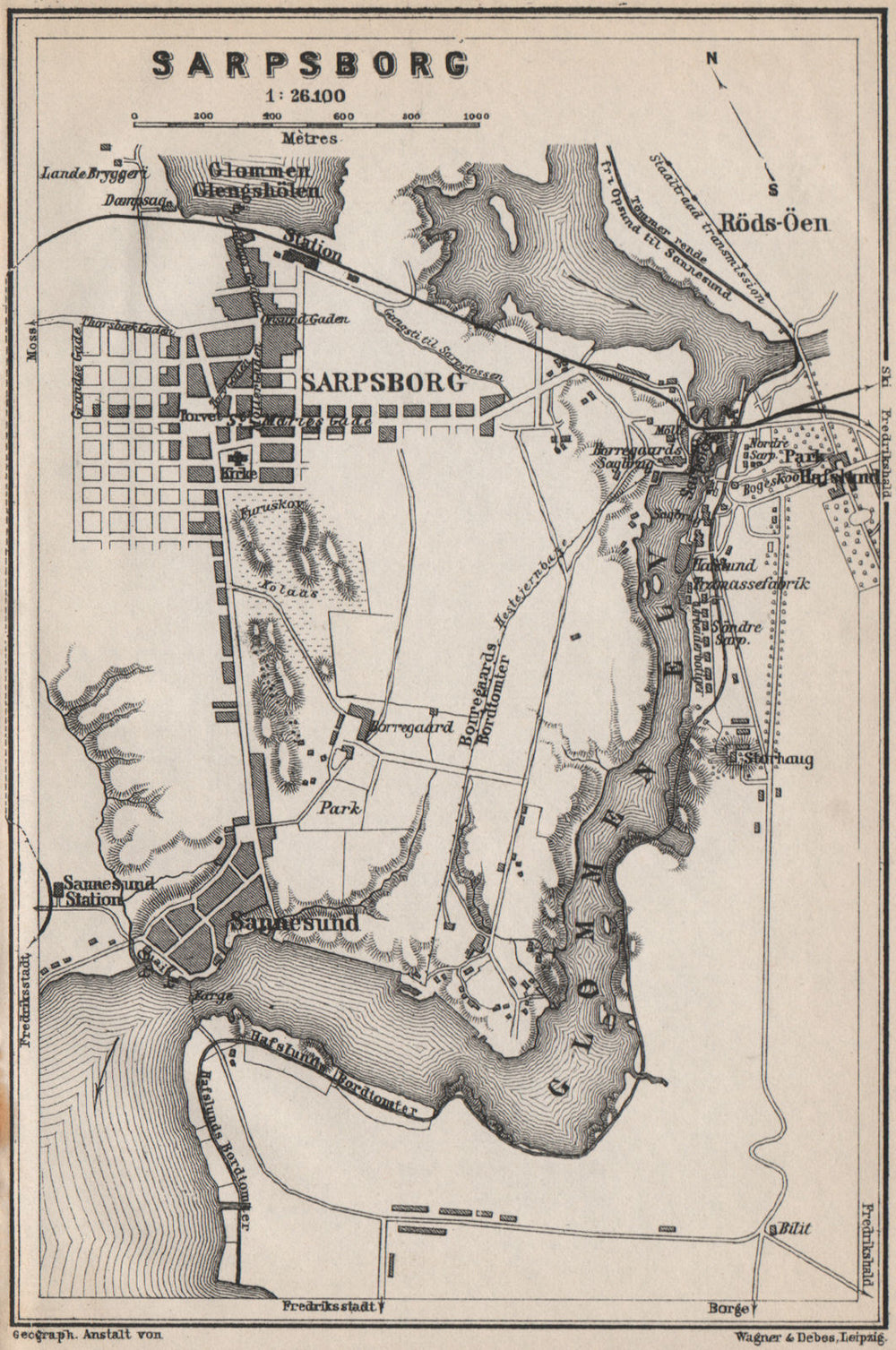 SARPSBORG antique town city byplan. Norway kart. BAEDEKER 1885 old map