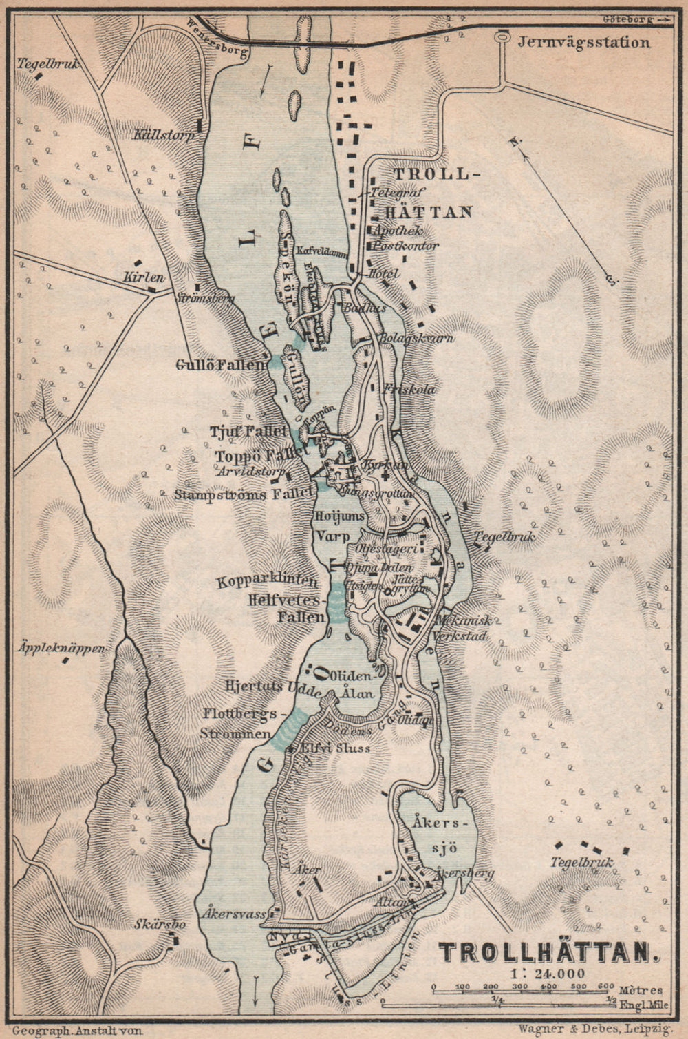 TROLLHATTAN FALLS. Trollhättan. Topo-map. Sweden karta. BAEDEKER 1885 old