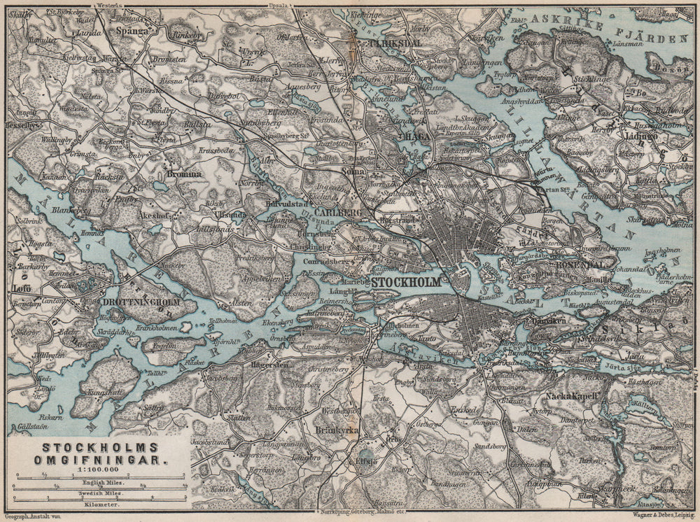 STOCKHOLM ENVIRONS. Stockholms Omgifningar. Sweden karta. BAEDEKER 1885 map