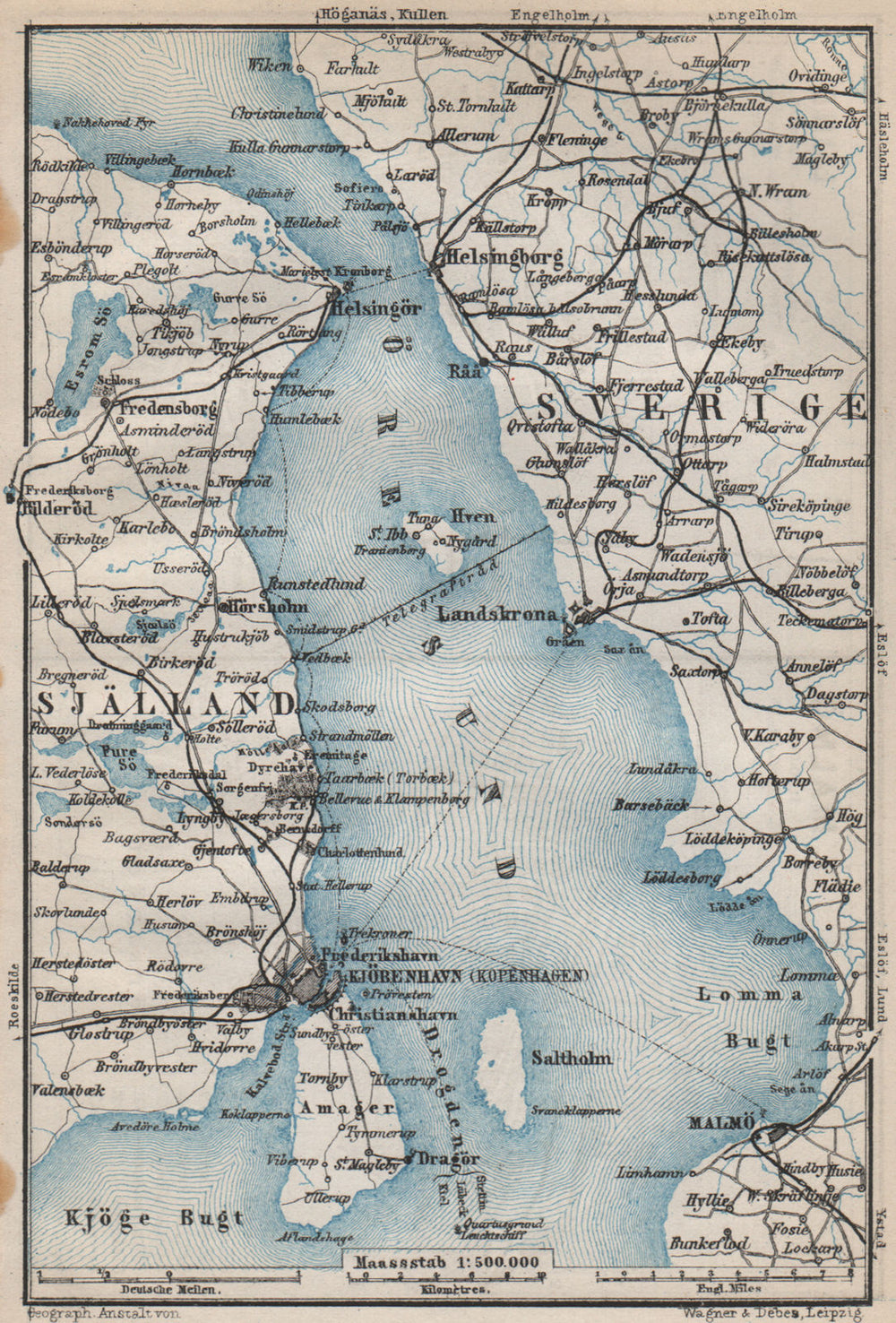 ØRESUND Oresund. Shores of The Sound. Sweden Denmark Copenhagen 1885 old map