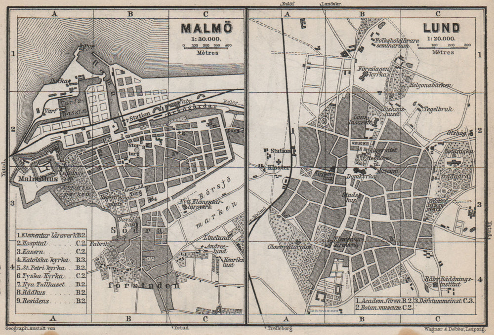 MALMO & LUND Malmö antique town city stadsplans. Sweden karta 1885 old map