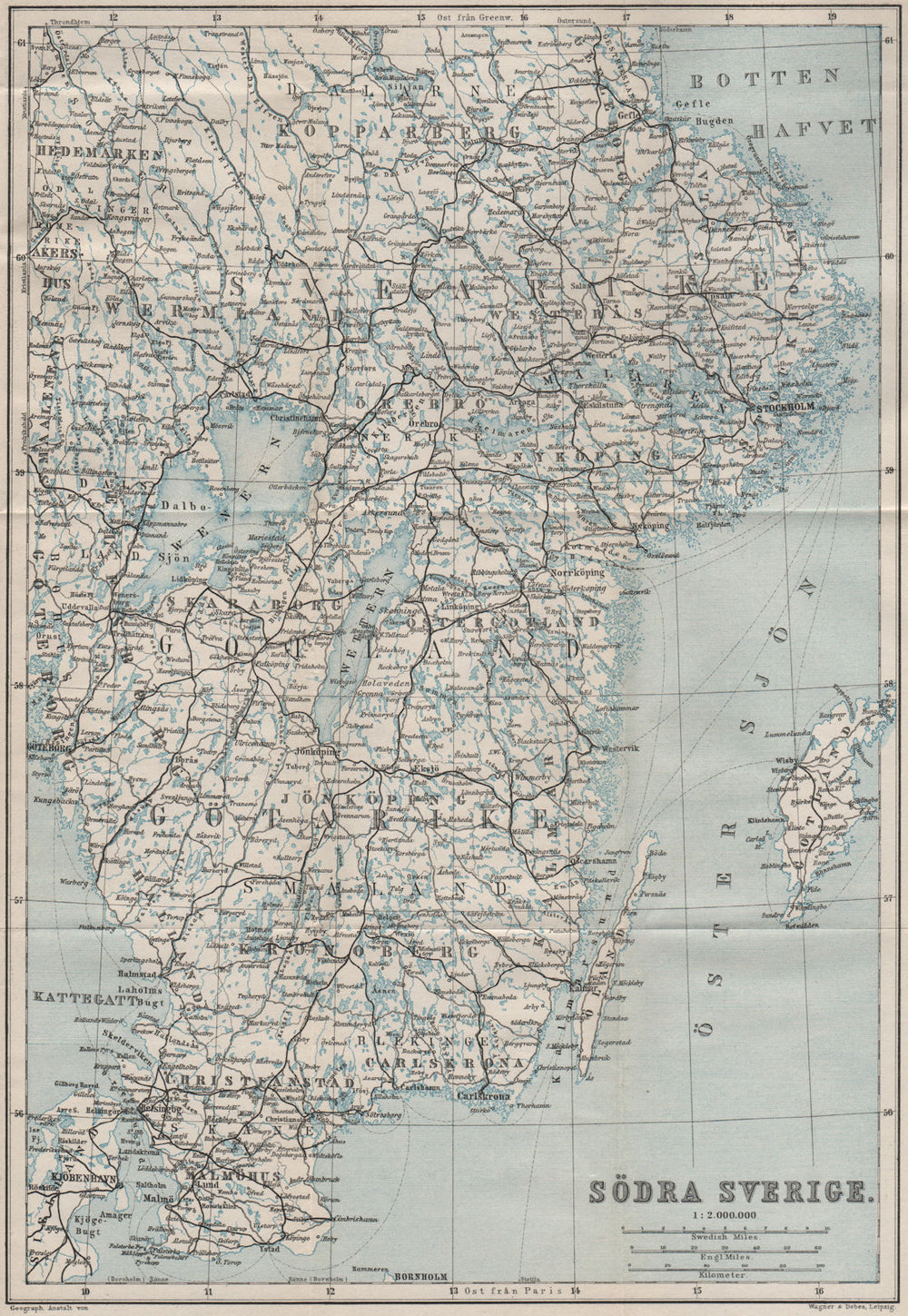 SOUTHERN SWEDEN. Södra Sverige karta. BAEDEKER 1885 old antique map plan chart