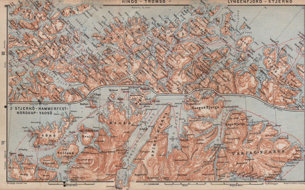 NORWAY NORTH COAST. Tromso-North Cape/Nordkapp-Vadso Topo-map. Norway 1899