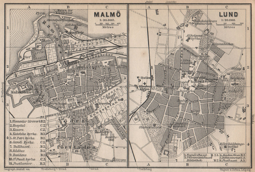 MALMO & LUND Malmö antique town city stadsplans. Sweden karta 1899 old map