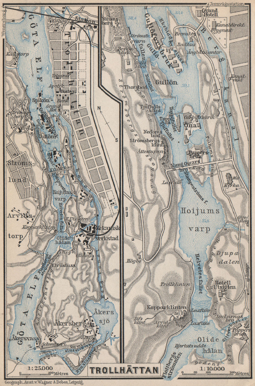 TROLLHATTAN FALLS. Trollhättan. Topo-map. Sweden karta. BAEDEKER 1899 old