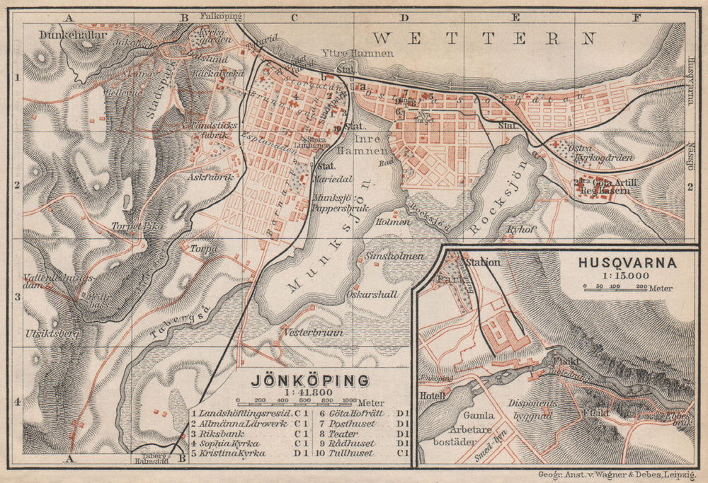 JONKOPING Jönköping town city stadsplan. Inset Huskvarna. Sweden karta 1899 map