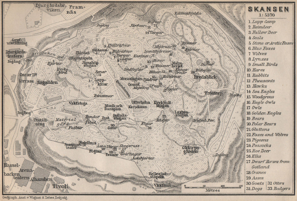 SKANSEN OPEN-AIR MUSEUM. Topo-map. Stockholm, Sweden karta. BAEDEKER 1899