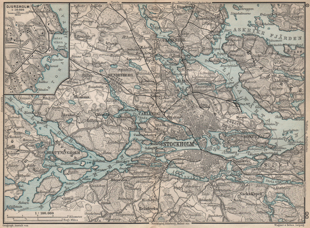 STOCKHOLM ENVIRONS. Stockholms Omgifningar. Sweden karta. BAEDEKER 1899 map